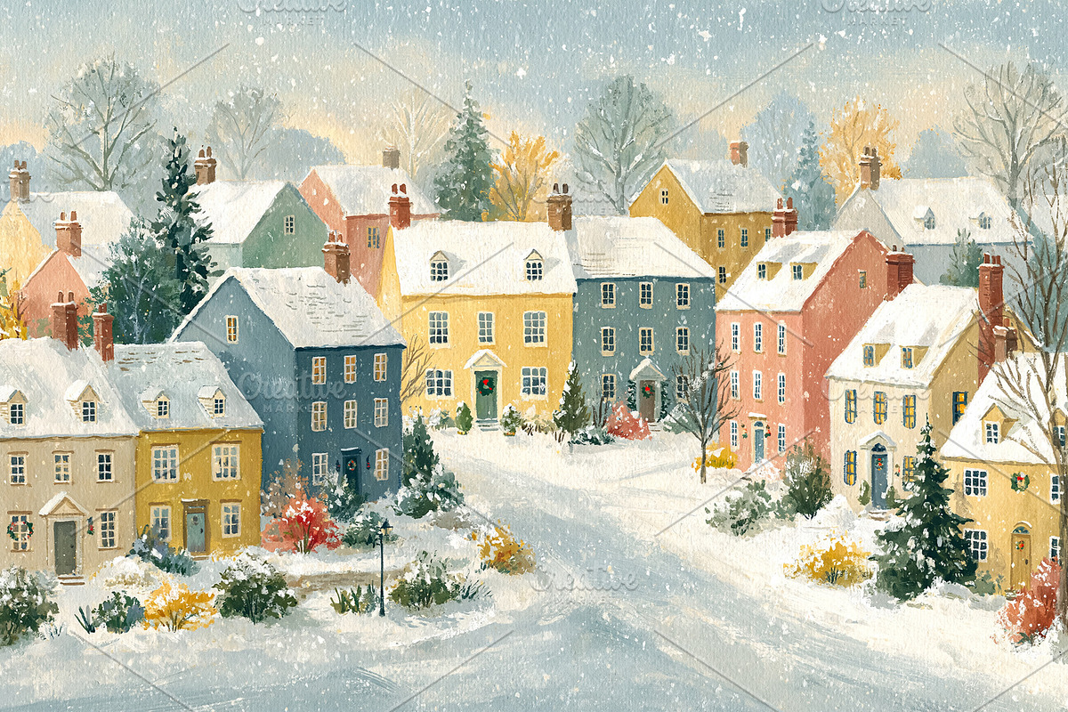 Charming winter village street during a gentle snowfall, colorfu, a Decorative Illustration by Anneleven
