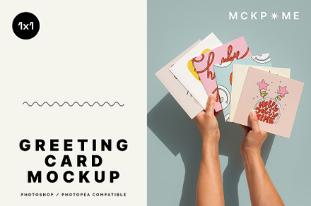 Many square cards in hands mockup, a Merchandise Mockup by MCKP*ME