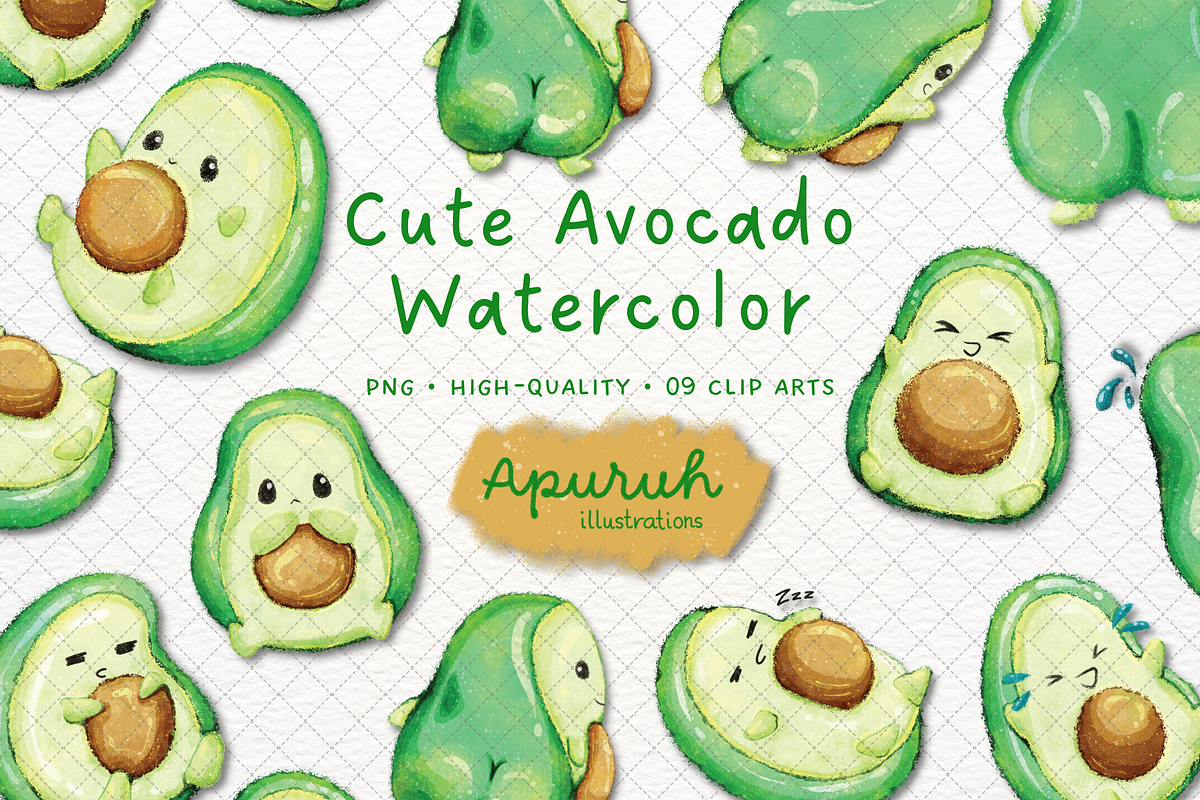 Cute Avocado Watercolor Clipart, a Food Illustration by creationsbyapuruh (Photo 1 of 5)