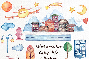 Watercolor City Life Clipart