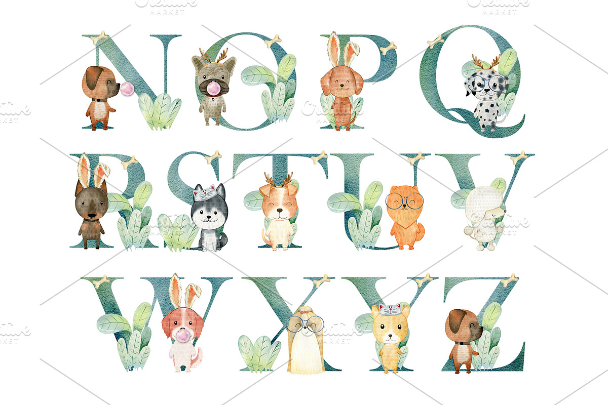 Watercolor alphabet with dogs., an Animal Illustration by TaPilipa (Photo 3 of 4)