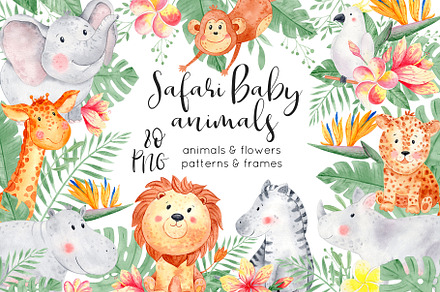 Watercolor safari baby animals