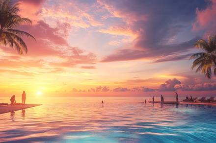 Serene Infinity Pool Overlooking Ocean at Sunset, an Abstract Photo by Natalia Klenova's Shop
