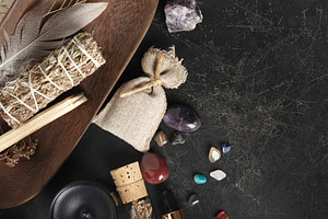 Rustic Aromatherapy and Healing Crystal Arrangement on Dark Back, a Health & Medical Photo by Natalia Klenova's Shop