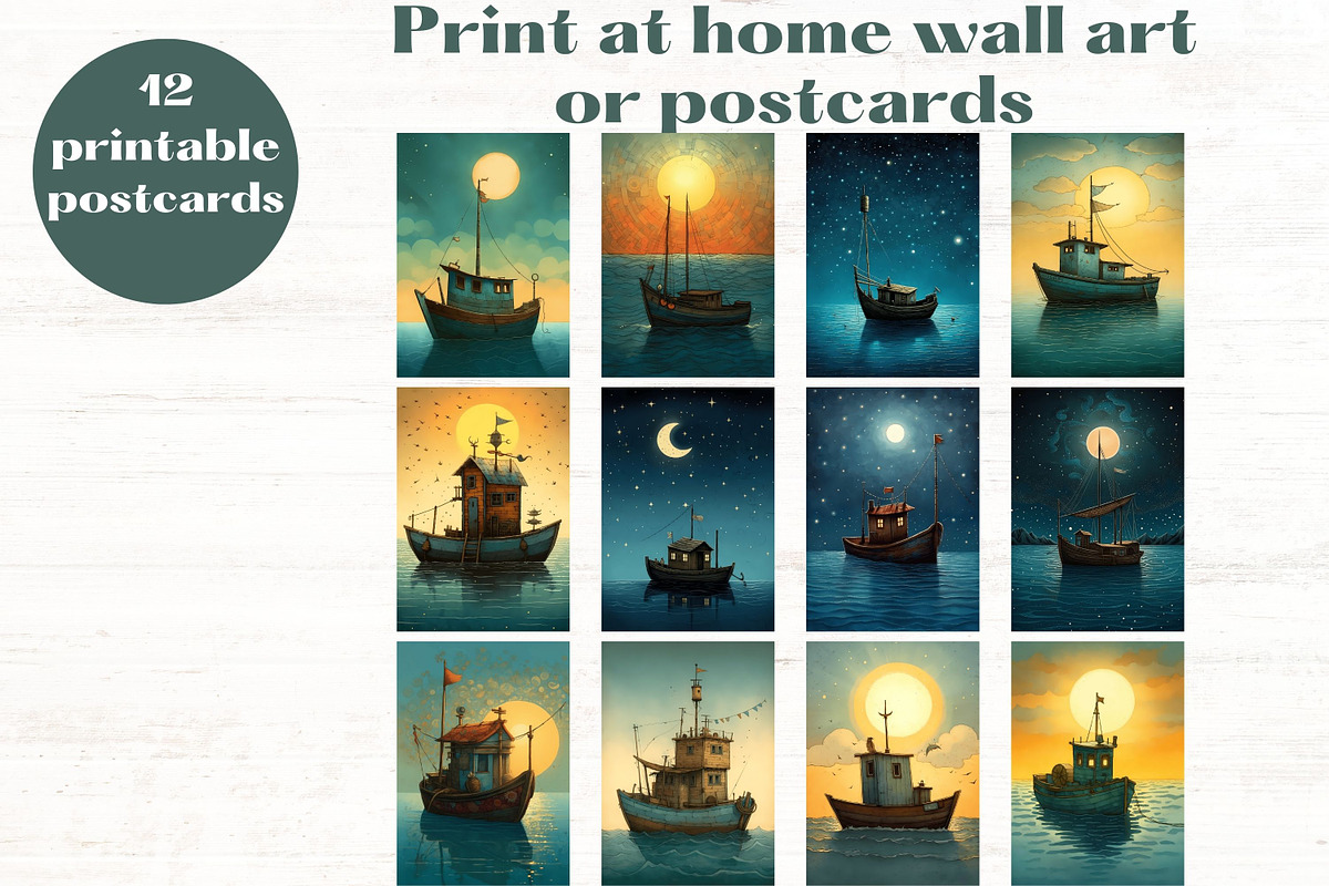 Whimsical Fishing Boats 5x7 Postcard, a Transportation Illustration by Mermaids Cove (Photo 2 of 9)
