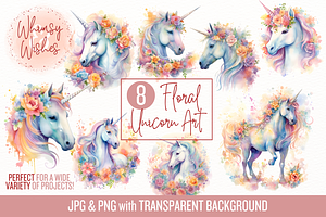 Floral Unicorns Watercolor Clip Art