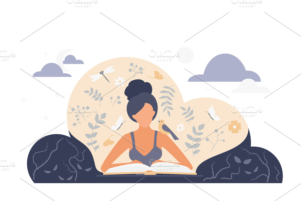 Woman reading book surrounded nature, an Object Illustration by Lemberg Vector