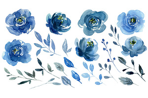 Watercolor Indigo Blue Flowers Roses