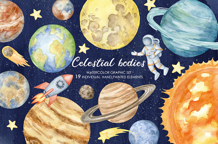 Watercolor celestial bodies clipart, an Illustration by AquarelleSpace