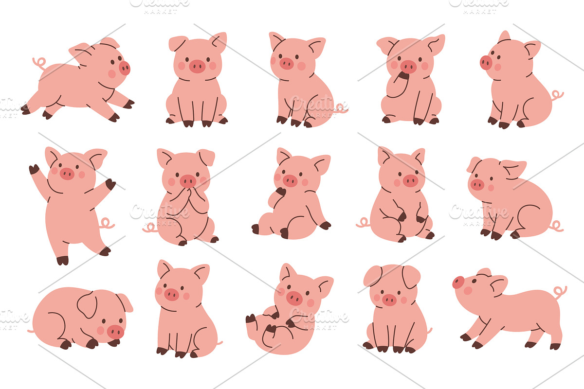 Set of cute pink piglets. Cartoon, an Animal Illustration by GraphiShop