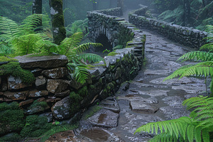 Ancient mossy stone bridge and wet forest path surrounded by lus, a Photo by José Manuel Gelpi