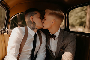 Gay Couple Kiss Vehicle. Generate Ai