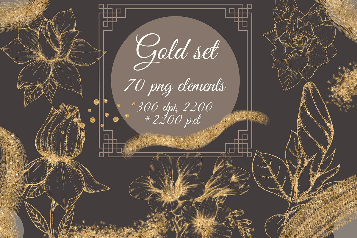Gold line flowers & strokes clipart, a Decorative Illustration by Mrs.Swan_Design (Photo 1 of 7)