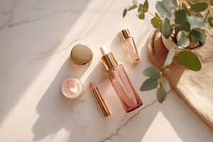Arrangement of skincare and beauty products on a marble surface with natural li, a Beauty & Fashion Photo by AlyaAnd