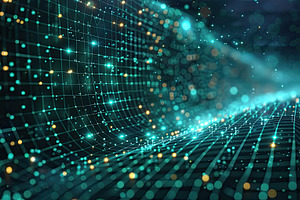 Glowing teal and yellow data grid tunnel with light particles re, a Background Photo by José Manuel Gelpi