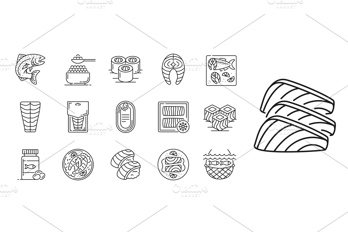 Salmon fish and meat line icons, an Object Illustration by Vector Tradition
