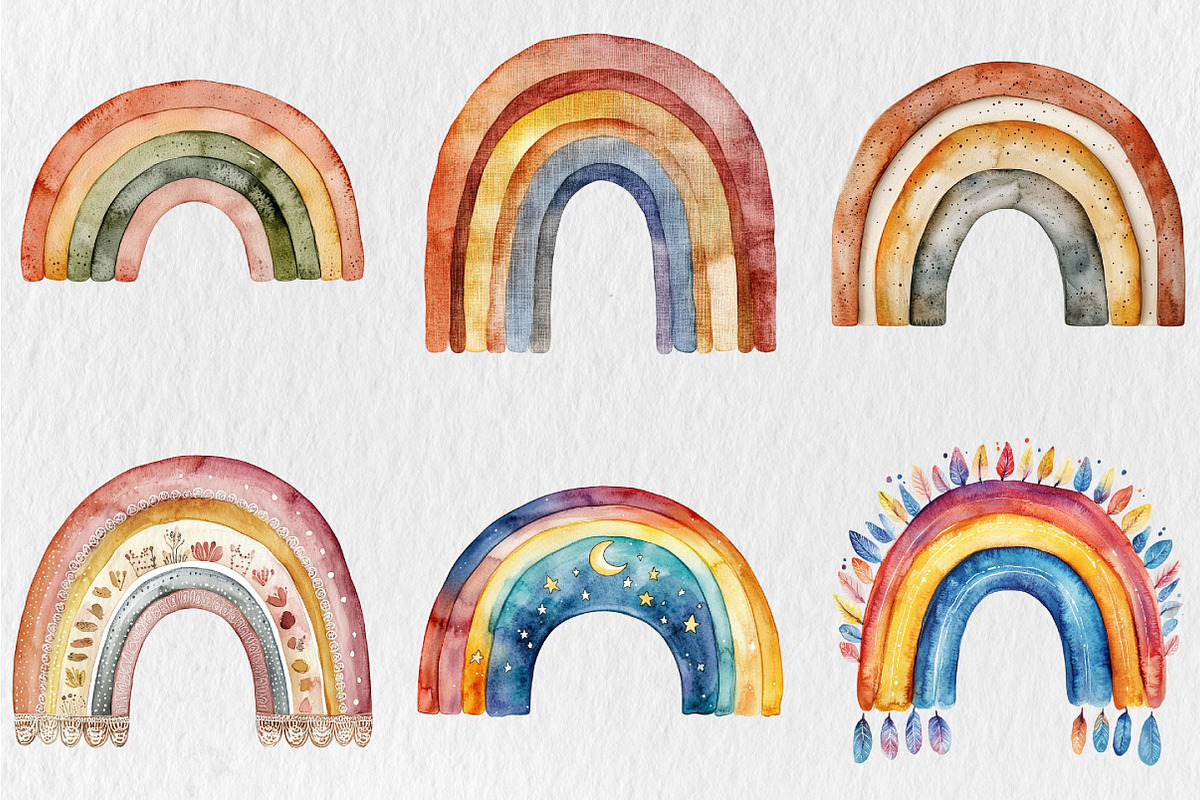 Watercolor Boho Rainbow Clipart, an Illustration by Rose Art (Photo 3 of 5)