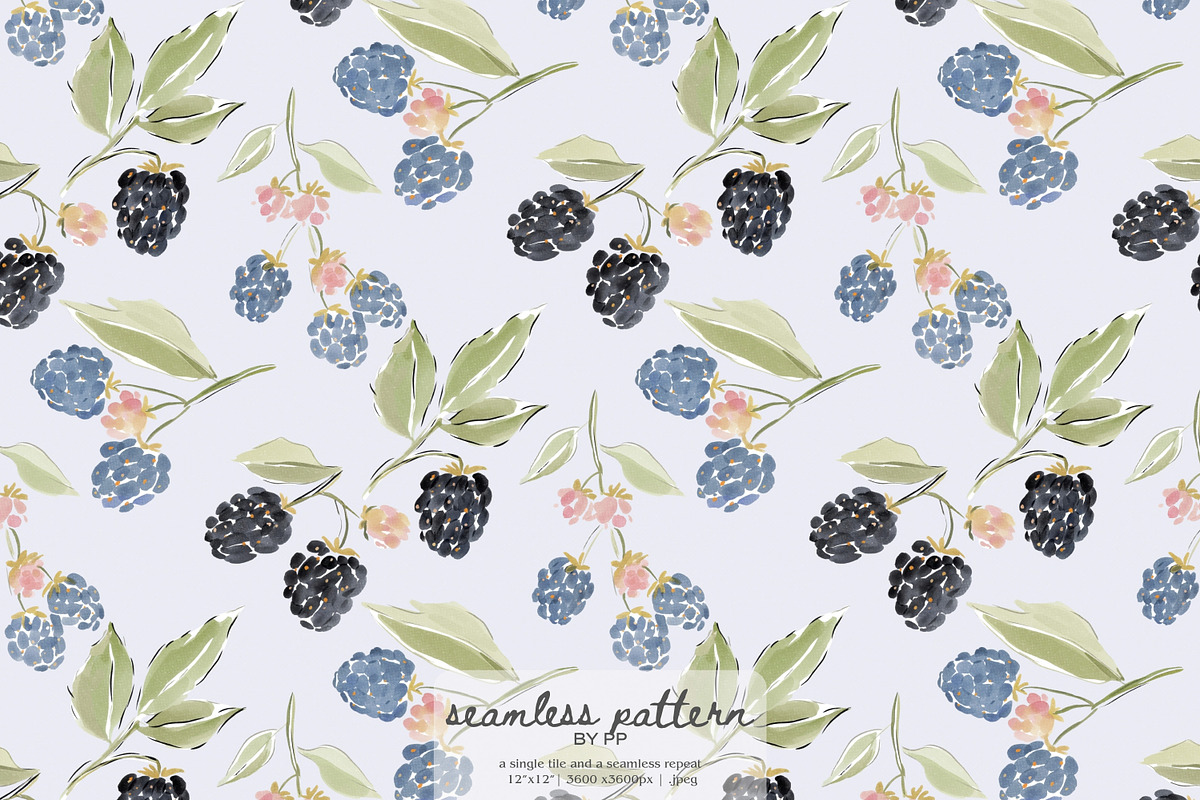 Watercolor blackberry pattern, a Pattern Graphic by Pink Studio Art (Photo 1 of 4)