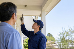 Pest control worker advising homeown, a Photo by Dvoevnore photos
