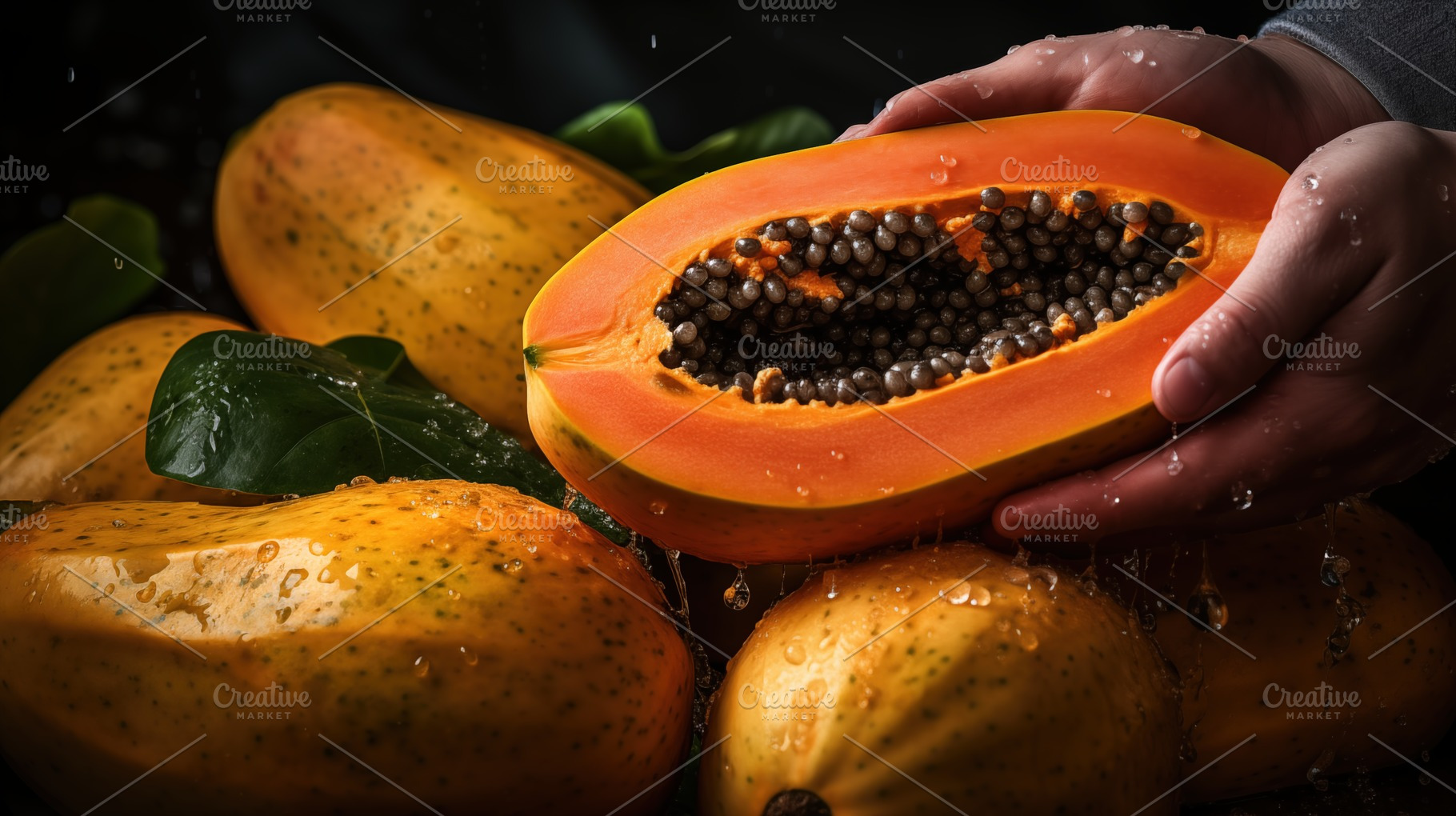 Freshly cut papaya in hand, revealing its vibrant orange flesh and black seeds., a Food & Drink Photo by Textures & Backgrounds