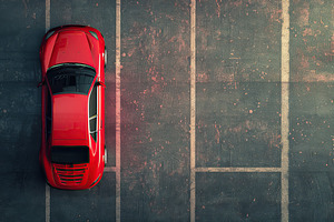Aerial view of red car parked in the parking lot, a Transportation Photo by AlyaAnd