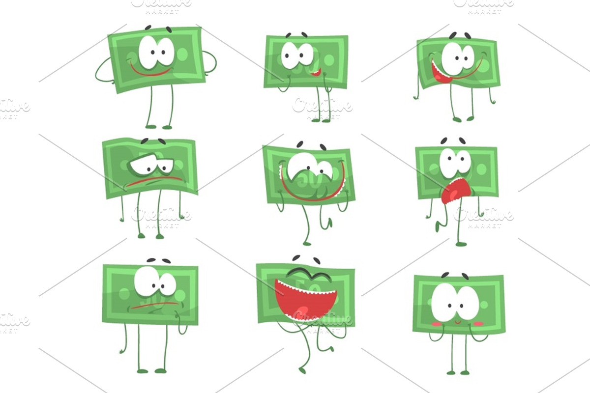 Cute funny humanized banknotes showing different emotions set of ...