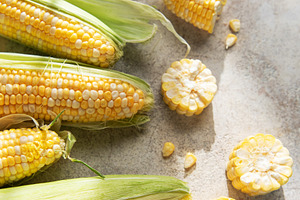 Fresh organic corn cobs and kernels on rustic background, a Food & Drink Photo by Olena Rudo