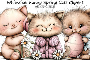 Whimsical Funny Spring Cats Clipart, an Illustration by DreamPrint404