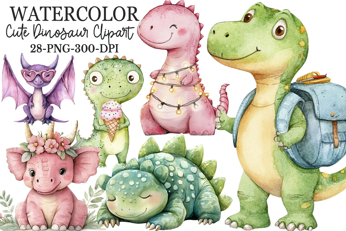 Cute Dinosaur Watercolor Clipart, an Illustration by Rose Art (Photo 1 of 7)