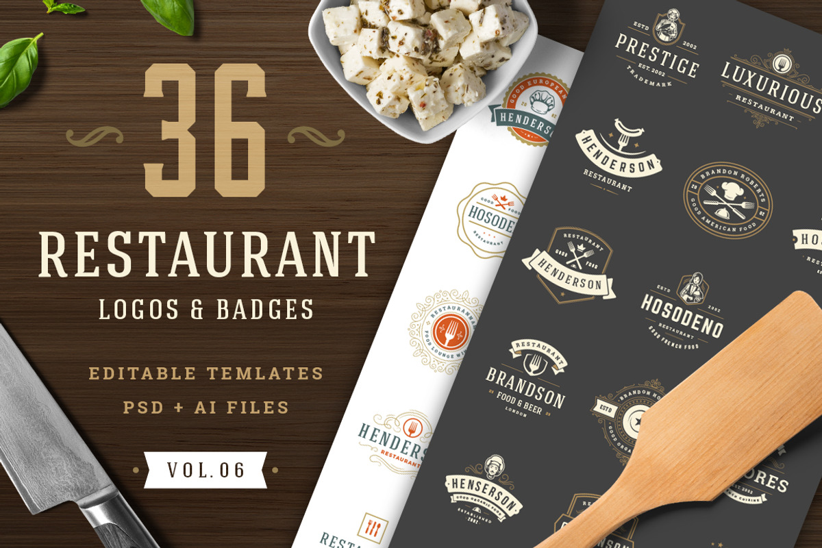 36 Restaurant Logos and Badges, a Branding & Logo Template by Vasya Kobelev (Photo 1 of 12)