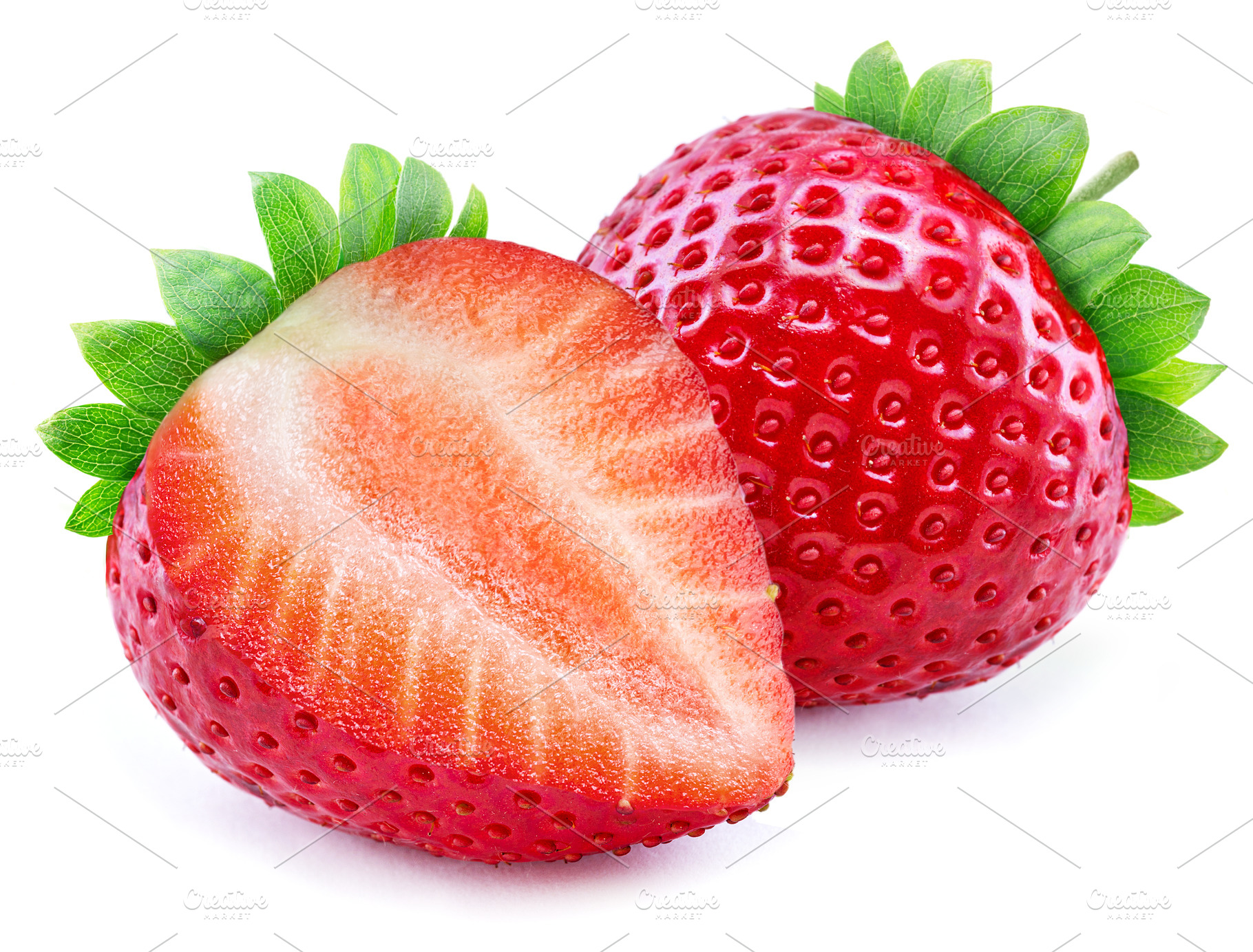 Ripe perfect strawberry and cross cut of strawberry isolated on, a Food & Drink Photo by Volff