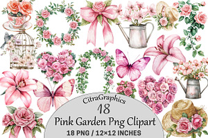 Pink Garden Watercolor Clipart, an Illustration by CitraGraphics