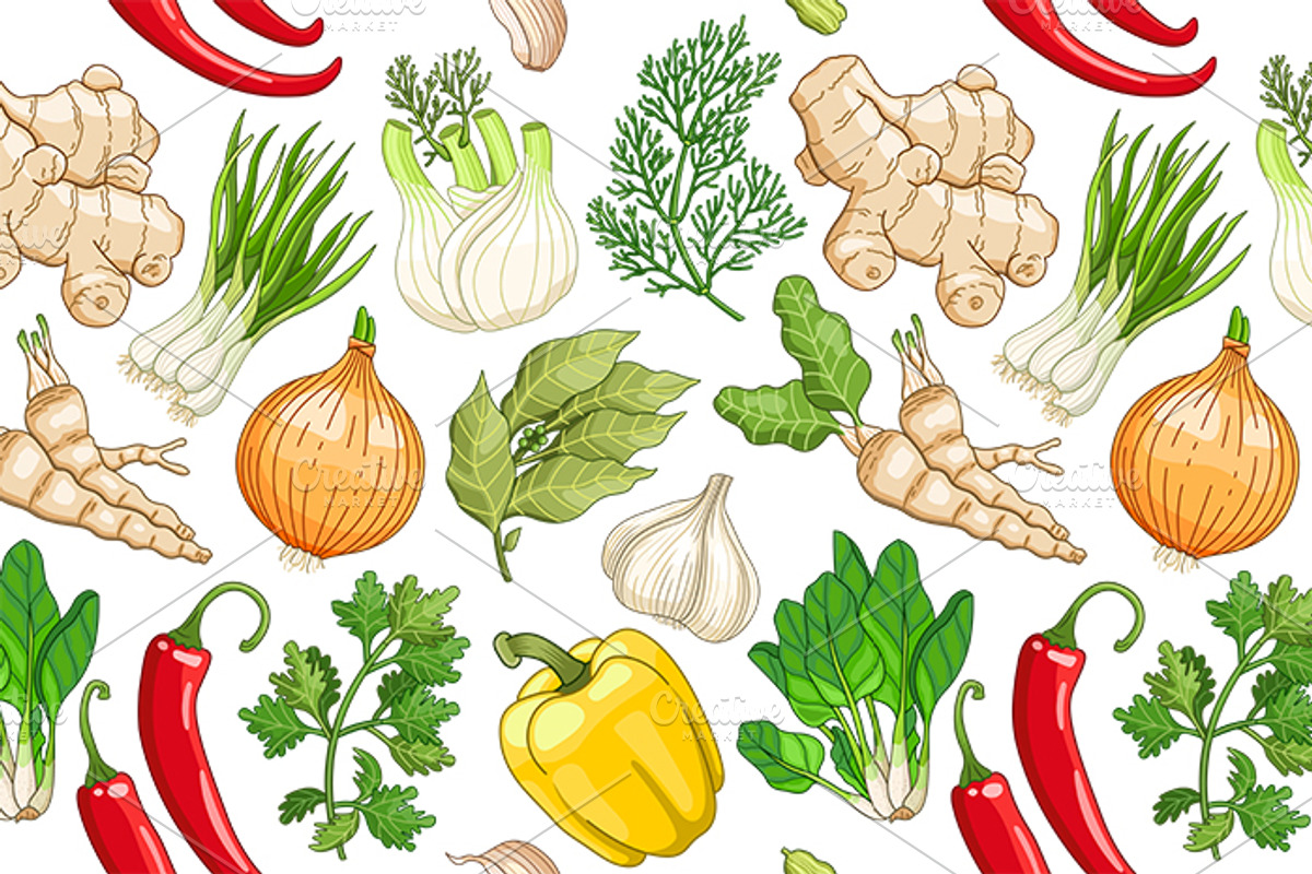 Vector vegetable pattern with herbs, a Pattern Graphic by Primula`s shop (Photo 2 of 3)