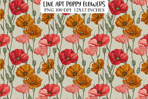Line Art Poppy Flowers Patterns, a Texture Illustration by DreamPrint404