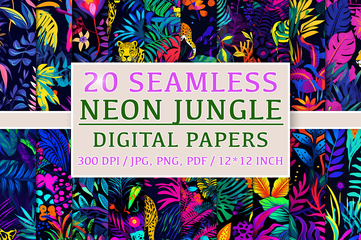 20 Seamless Neon Jungle Patterns, a Pattern Graphic by Nordic Design (Photo 1 of 9)