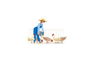 Farmer woman feeding chickens in, an Animal Illustration by pikepicture