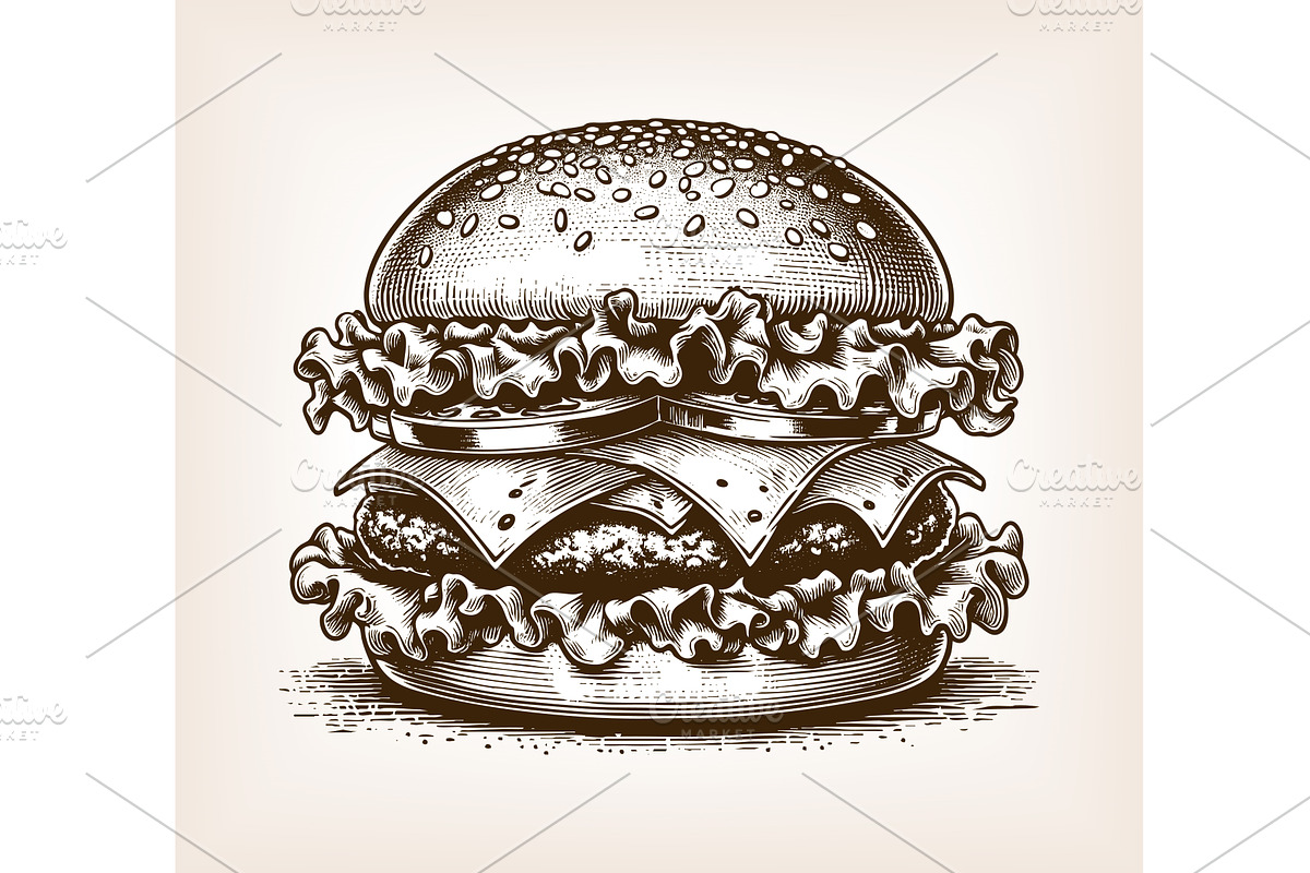 cheeseburger with lettuce engraving, a Food Illustration by AlexArt