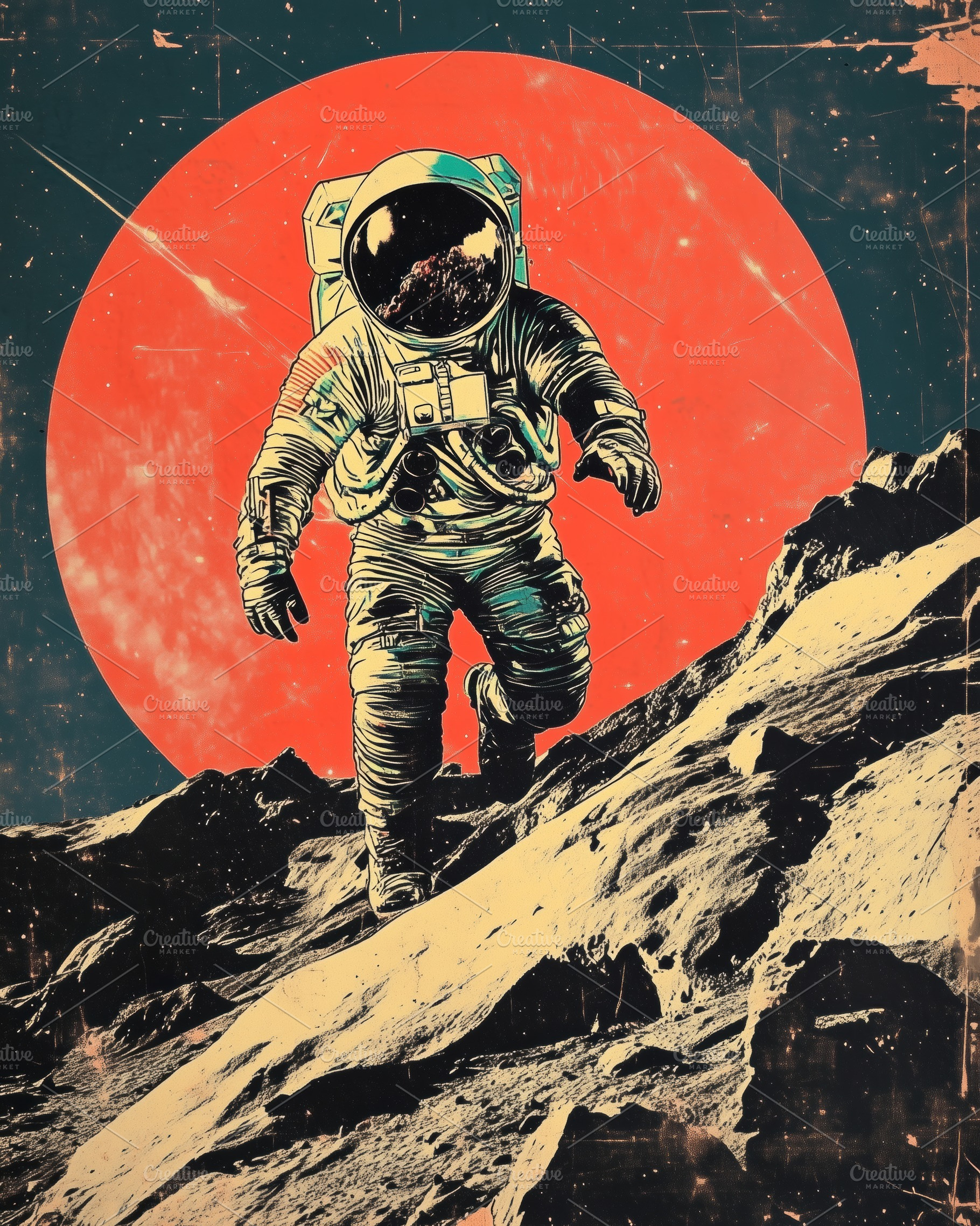 An astronaut walking on a rocky lunar surface with a large red circle in the ba, an Arts & Entertainment Photo by Textures & Backgrounds
