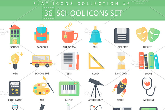 36 School Color Flat Icons Set