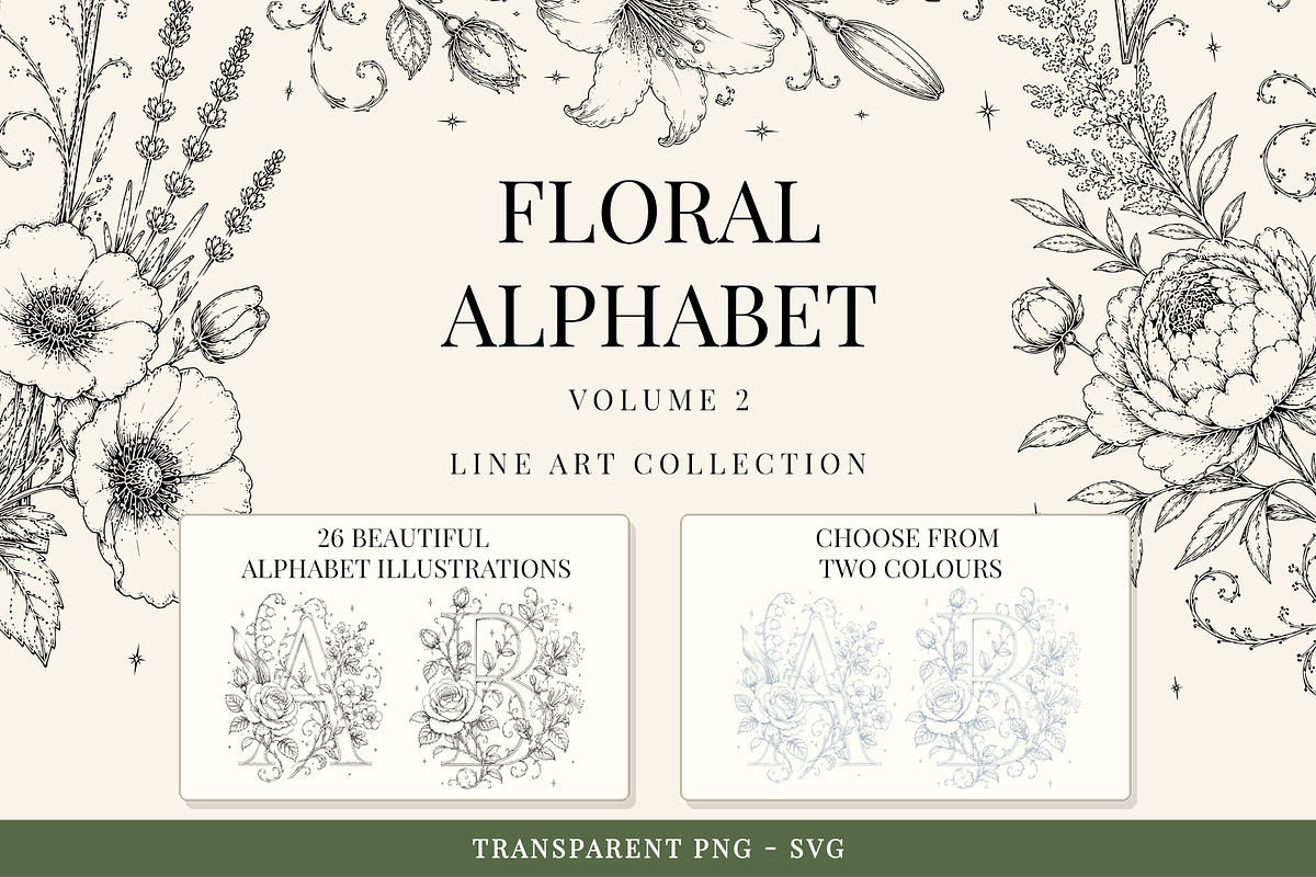 Floral Alphabet Line Art Vol 2, a Decorative Illustration by AW Studios (Photo 1 of 6)