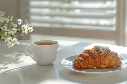 Cup of tea and croissant on white kitchen table, a Food & Drink Photo by AlyaAnd