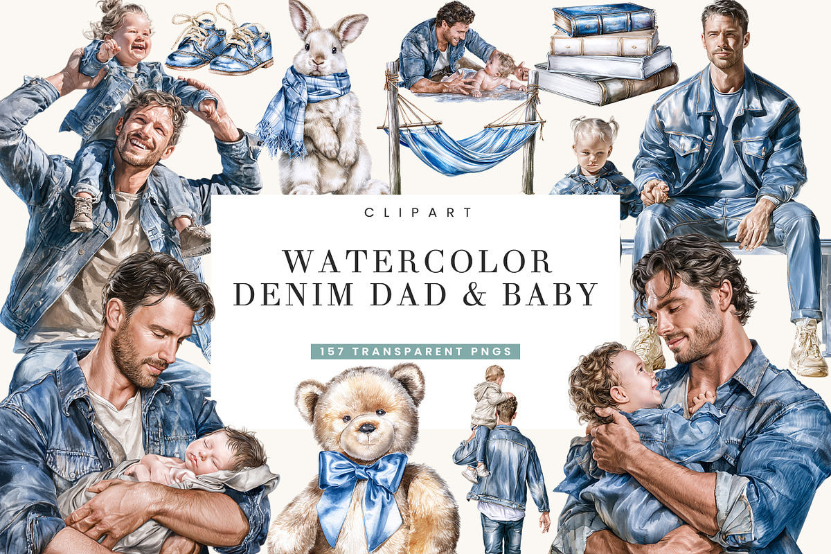 Watercolor Denim Dad & Baby Clipart, a Person Illustration by BusyDaydesign (Photo 1 of 9)