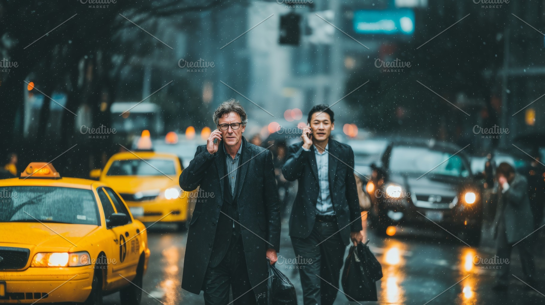 Business professionals commuting through rainy city street during busy morning, a Person Photo by AS photostudio