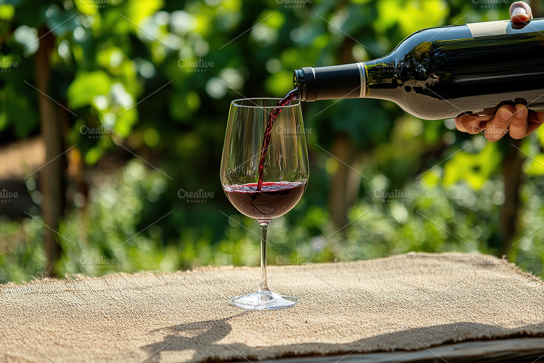 Pouring red wine into wineglass against vineyard background, a Food & Drink Photo by AlyaAnd