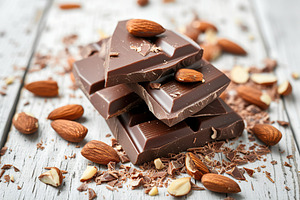 Sweet chocolate pieces with almonds on wooden background, a Food & Drink Photo by AlyaAnd
