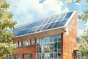 A modern school building with solar panels on the roof, surrounded by trees and, a Transportation Photo by Textures & Backgrounds