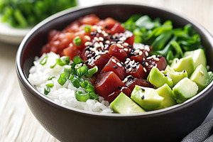 Healthy poke bowl with rice and vegetables, a Food & Drink Photo by AlyaAnd