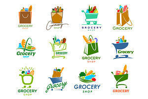 Grocery baskets, carts and bags, a Food Illustration by Vector Tradition