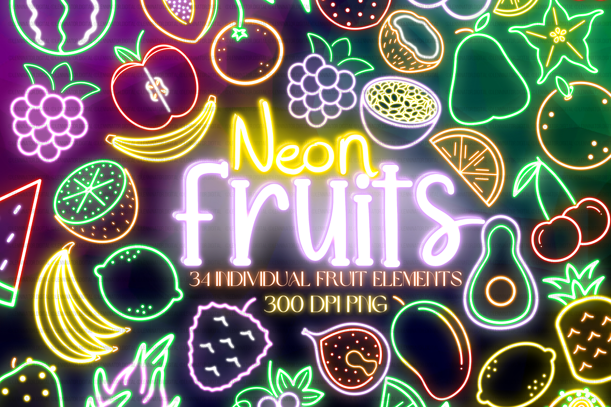 Tropical Neon Fruit Clipart PNG, a Food Illustration by Lenninator Digital (Photo 1 of 4)