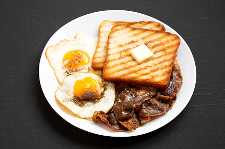 Homemade Healthy Sunnyside Eggs Breakfast on a white plate on a, a Food & Drink Photo by LiudmylaChuhunova
